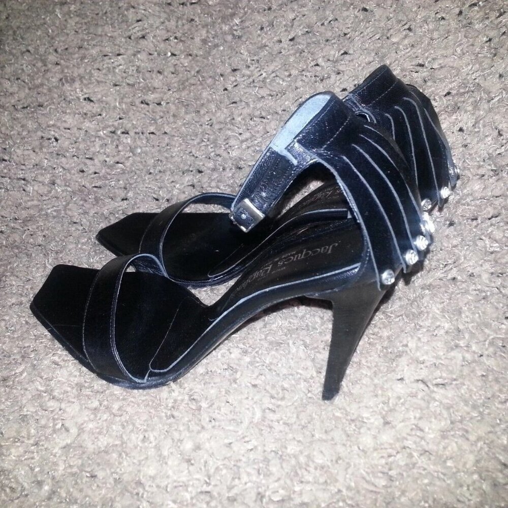 JACQUES RAPHAEL-ITALY-Black Leather Ankle Wrap-Jeweled Kilty Sandals-Sz 37-NEW - Picture 3 of 8